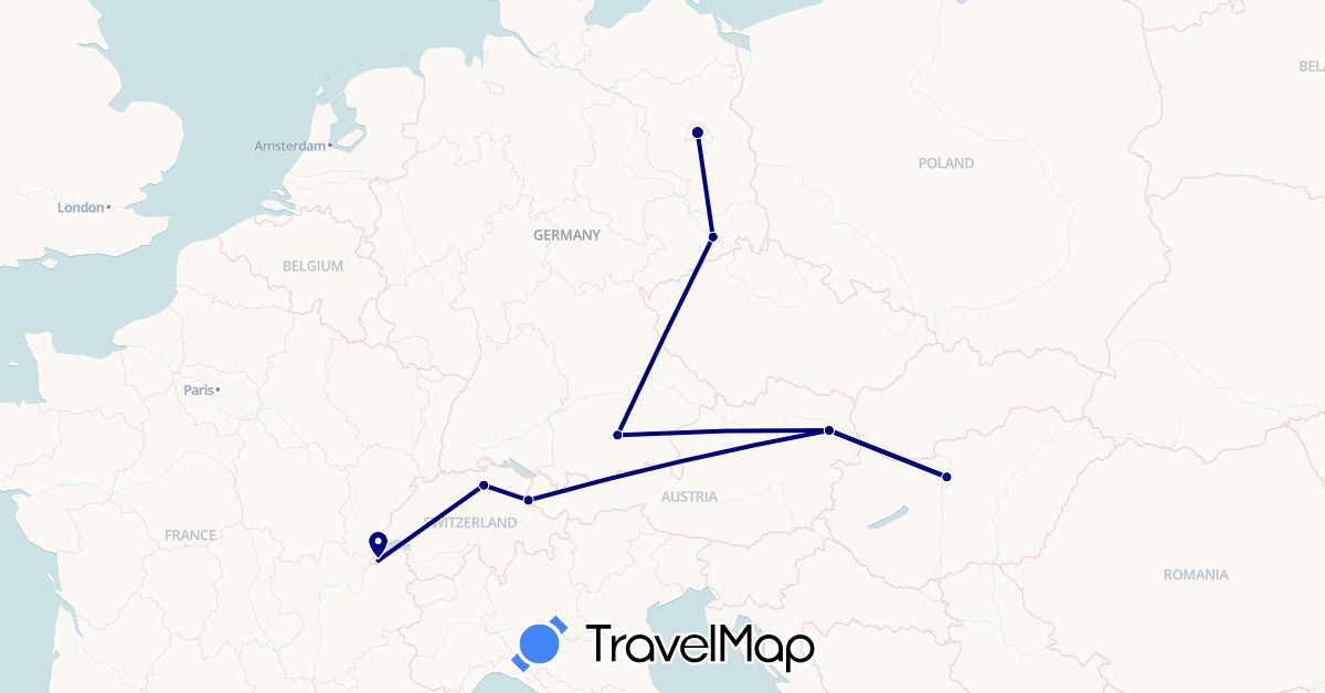 TravelMap itinerary: driving in Austria, Switzerland, Germany, Hungary, Liechtenstein (Europe)
